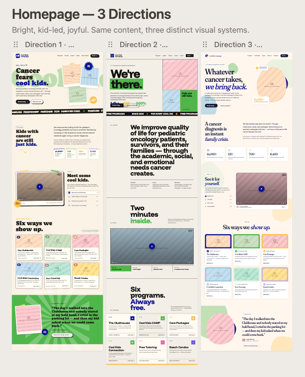 Three rough homepage direction drafts exploring bright, kid-led, joyful visual systems