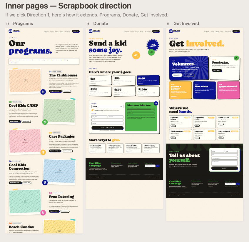 Inner page drafts in the scrapbook direction: Programs, Donate, and Get Involved